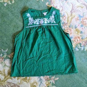 J. CREW Women Sz 16 Shirt Sleeveless Linen/Cotton Embroidered Shell Green/White